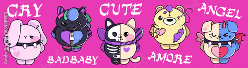 Alternative goth teddy characters with stitches, split designs and emotional text - bunny and cat, bear and dog, unicorn figures with punk aesthetics on pink. Kawaii horror mascots for edgy subculture