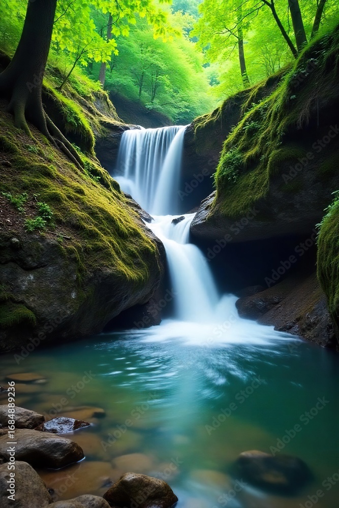 Fototapeta premium Serene cascading waterfall flowing into a tranquil creek, surrounded by lush green foliage and mossy rocks Perfect for nature, travel, and relaxation themes , picturesque, cascade