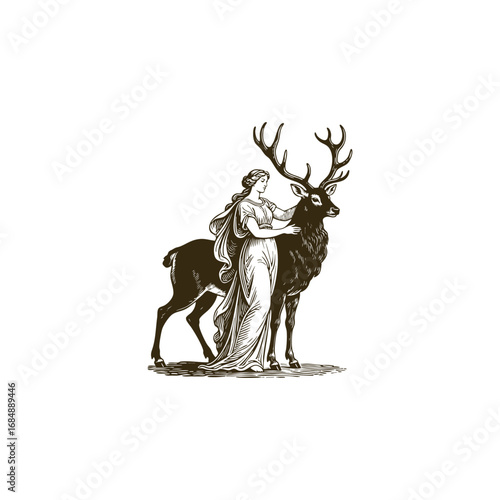 Engraved vintage illustration of a graceful woman with a flowing dress standing beside a majestic deer with large antlers, classic mythology style