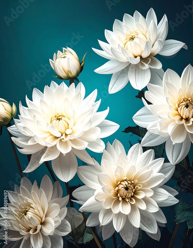 A close-up of several large, elegant white dahlias against a teal background