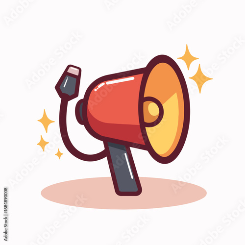 Vivid alarm siren illustration of red megaphone with sound effect. Alarm siren, also known as loudspeaker, is shown on white background in vector style.