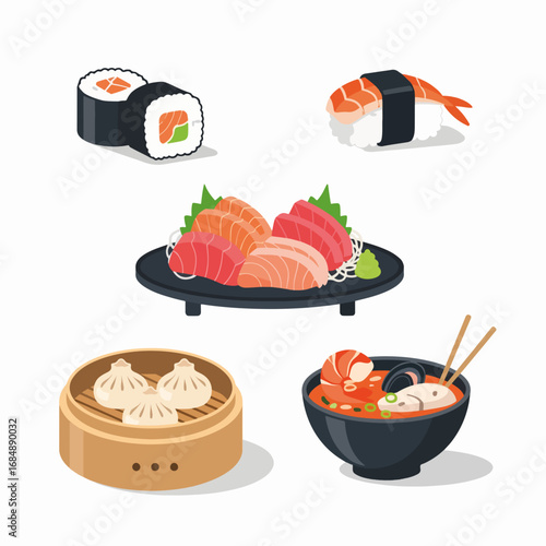 Captivating asian cuisine seafood displayed in icon set with vibrant colors and delicate presentation. This asian cuisine seafood icon set includes sushi rolls, sashimi, dim sum,