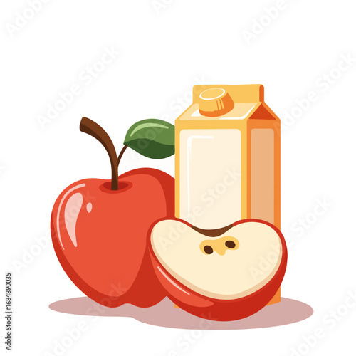 Apple juice box with ripe apples, apple slices, and carton on white backdrop. Nutritious apple juice is sweet treat, delicious and healthy, it makes any child happy. Concept apple juice for promotion,