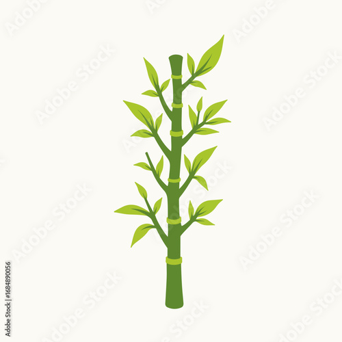 Vibrant bamboo stalk with lush green leaves against simple background. Bamboo stalk, a symbol of resilience and growth, shows vibrant greenery. Bamboo stalk represents nature's beauty,