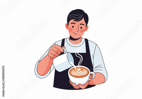 Barista pouring latte art into coffee cup, creating delicate heart pattern. Skilled barista prepares latte art, demonstrating passion for coffee preparation and beautiful design.