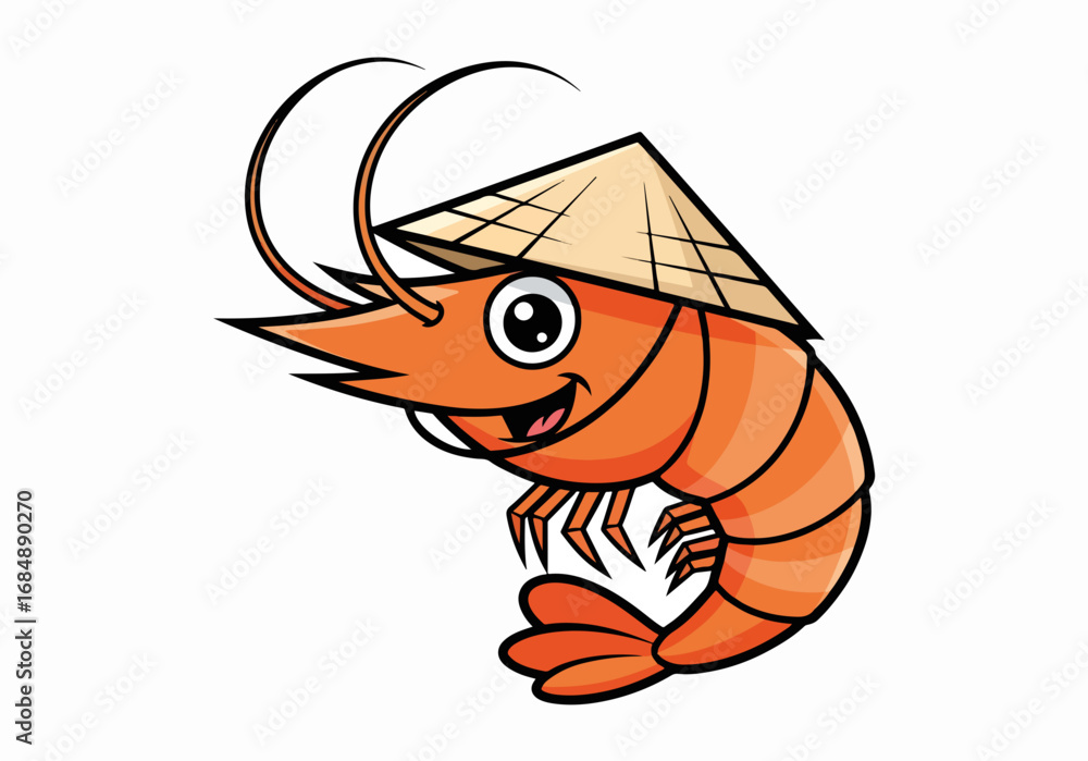 Fototapeta premium Cheerful shrimp character wearing traditional Asian hat, shows happiness. Cheerful shrimp is cute and animated, making shrimp a perfect choice for seafood promotions and illustrations.