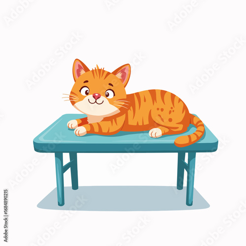 Cat carrier on exam table depicts cute orange tabby cat resting, looking pleased. Exam table is light blue, clean and uncluttered; cat carrier detail provides context.