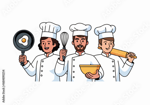 Chefs posing with utensils in cartoon illustration featuring three cooks holding their culinary tools. Chefs posing showcases professionals wearing white uniforms and toques,