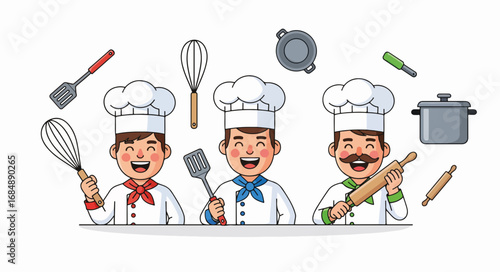 Cheerful cartoon chefs with kitchen tools depicted on white background, ideal for restaurant menu design. Cartoon chefs each smiling, holding a kitchen tool: whisk, spatula, and rolling pin.