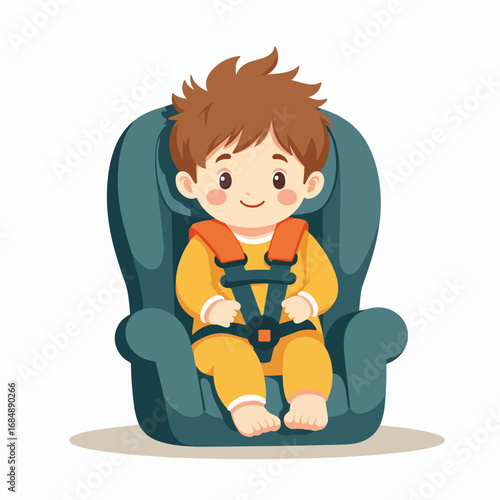 Little child in car seat for safety, cute boy sits in safety child car seat with safety harness. Child car seat keeps toddler safe and secure.