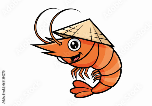 Cheerful shrimp character wearing traditional Asian hat, shows happiness. Cheerful shrimp is cute and animated, making shrimp a perfect choice for seafood promotions and illustrations.