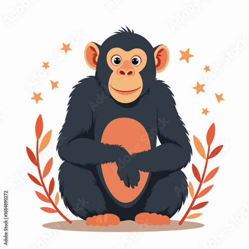 Chimpanzee illustration of primate with soft smile and fluffy orange belly. Chimpanzee depiction highlights playful ape with humanlike features.