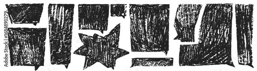 Sketchy crayon speech bubble set with black scribbled texture - hand drawn dialogue boxes, thought clouds and communication shapes. Rough artistic elements for informal messaging or kids designs.