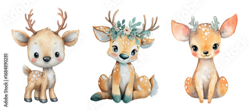 Cute watercolor deer. Baby deer with small red hair decorated with flowers and green leaves. Children's little bald characters. Vector illustration.