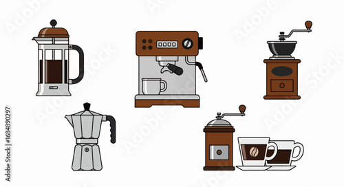 Coffee brewing equipment icons show coffee machines and brewing tools. Coffee brewing equipment details percolator, french press, coffee grinder, and espresso maker.