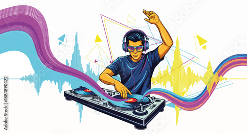 DJ turntable neon illustration of retro wave style, showing an energized musician at work. DJ turntable neon illustration reflects dedication and professionalism in music production,