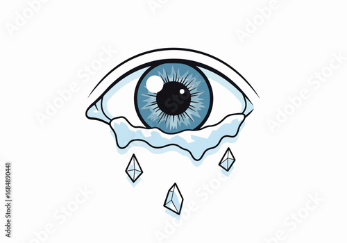 Illustration features crying eye, shedding icy tears, with sorrowful expression in flat style. Conceptual image of crying eye conveys sadness, grief, and emotional pain.