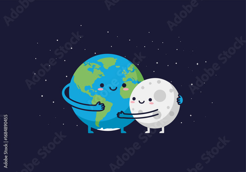 Embracing world and moon in playful illustration. This Earth moon hugging scene depicts friendship between celestial bodies in space. Earth moon hugging scene is perfect for children's books,