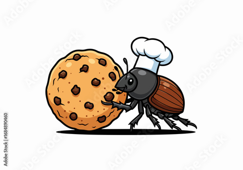 Cartoon illustration of dung beetle chef rolling cookie with a smile. Dung beetle chef prepares a giant chocolate chip cookie, wearing toque in whimsical kitchen scene.