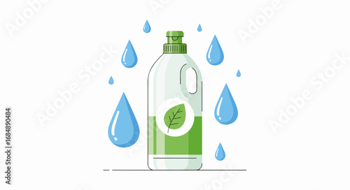 Eco cleaning bottle with leaf illustration in flat style for environmental awareness. This eco cleaning bottle design suggests an environmentally friendly product.