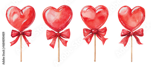 Watercolor heart-shaped lollipops. Red heart lollipop on a stick decorated with a red bow. Romantic sweet symbols of love. Valentine's Day elements.