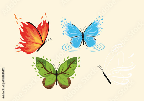 Conceptual elemental butterflies showcase four elements: fire, water, earth, and air. Fire butterfly glows, water butterfly reflects, earth butterfly sprouts leaves,