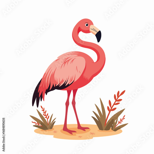 Standing flamingo in a charming vector design, showcased with ornamental grass in flat design. Flamingo stands gracefully in this vibrant, eye-catching illustration,
