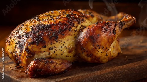 Wallpaper Mural Roasted Chicken on a Wooden Platter: A mouthwatering image captures a whole roasted chicken, perfectly browned and seasoned, resting elegantly on a rustic wooden platter. Torontodigital.ca