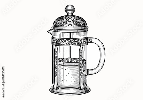 Detailed french press engraved line illustration showcasing intricate design and clear vessel. French press with visible liquid is an elegant coffee brewing tool.