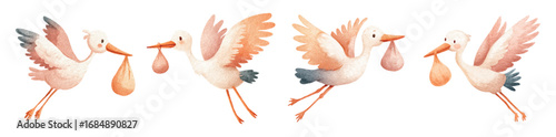 Watercolor set of storks carrying a package. Cute cartoon storks in flight carrying a package in their beak. Cute cliparts for baby shower, baby shower, pregnancy announcement. Vector illustration.