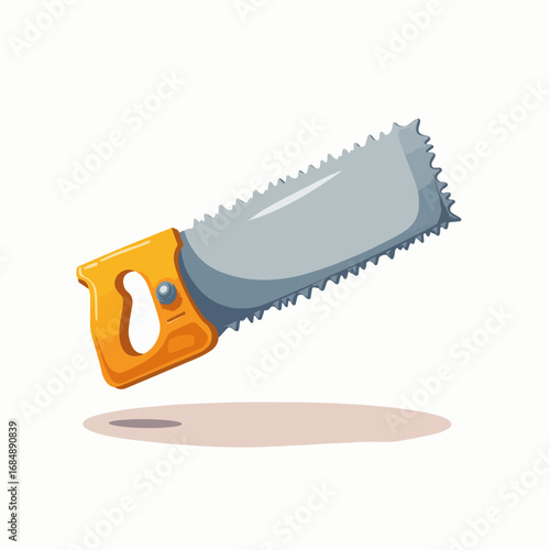 Hand saw with orange handle and sharp teeth floating above shadow. Hand saw designed for cutting wood with a sturdy grip and durable blade.