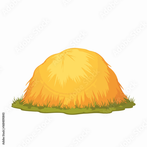 Haystack surrounded by green grass in bright colors. Barnyard scene features golden yellow haystack with fluffy texture and lush green grass base. Concept rural life and farming environment.