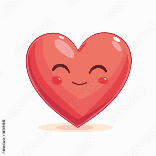 Cute smiling heart character with rosy cheeks and shiny surface. Adorable heart design conveys happiness and warmth, perfect for Valentine's Day cards and romantic themes.