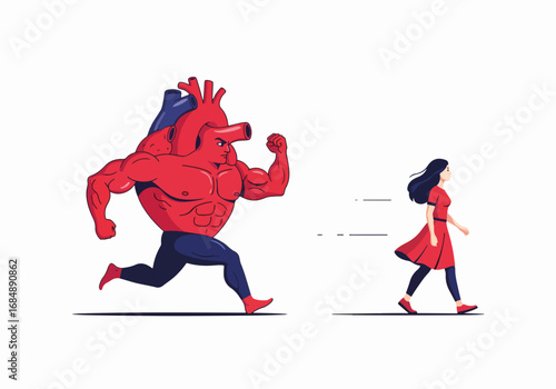 Heart pursuing woman in love with animated heart character running alongside. Heart symbolizes romantic pursuit while woman walks on path. Concept of love pursuit illustrated in playful style.
