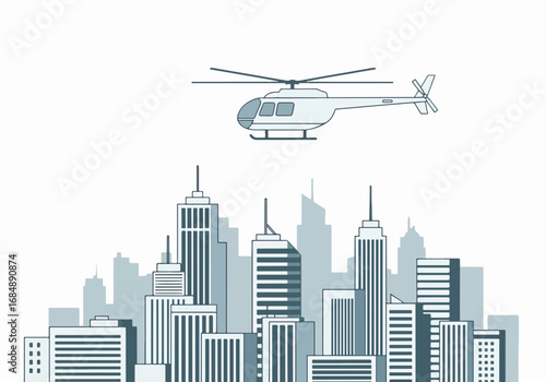 Helicopter flying over minimalist city skyline with modern buildings and skyscrapers. This aerial view showcases aviation over an urban environment, representing urban life and transportation.
