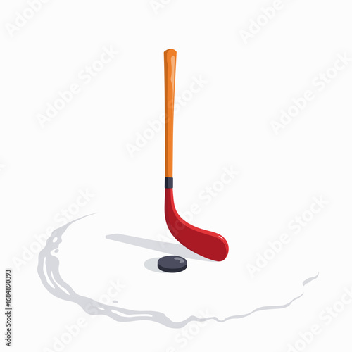 Hockey stick and puck on white background with strong shadow highlighting equipment. Hockey stick stands tall with red blade and orange handle, emphasizing sports theme.