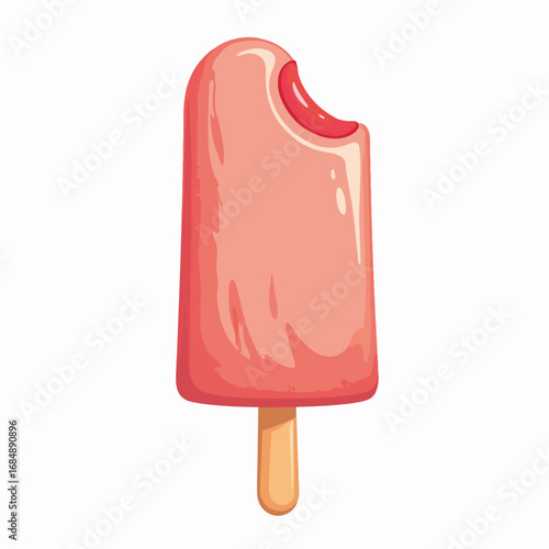 Delicious strawberry ice lolly with a bite taken out. Sweet summer treat perfect for hot days.  Refreshing ice lolly on stick,