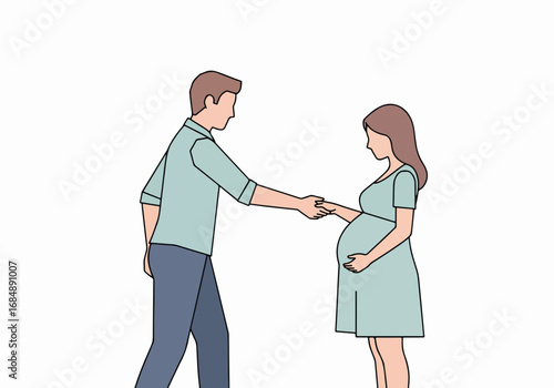 Expectant parents holding hands, man supporting pregnant woman, gentle support during pregnancy.  Pregnancy journey illustration depicts loving couple, husband assisting wife.