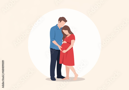 Expectant parents embracing. Man gently touches pregnant woman's belly. Tender moment of parenthood. Image perfect for pregnancy announcements, maternity blogs, or family publications.