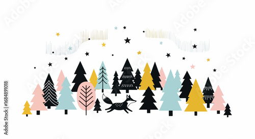 Enchanting winter forest illustration featuring playful fox among colorful trees. Magical winter scene with snowy landscape and aurora borealis.