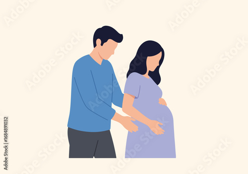 Supportive man gently holding pregnant woman's belly. Expectant parents embrace during pregnancy.  Tender moment image perfect for pregnancy announcements, healthcare brochures, or family blogs.