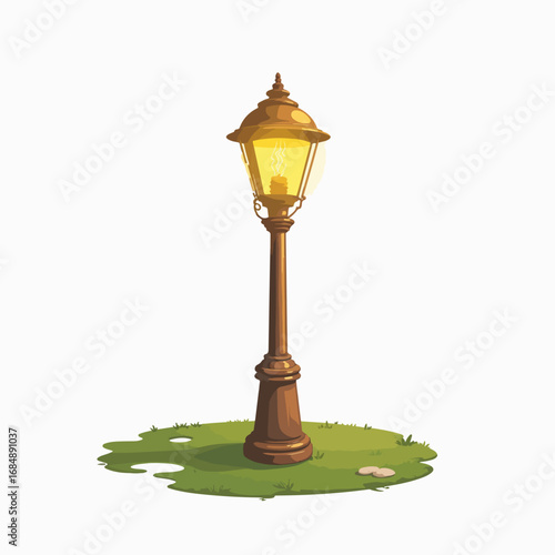 Classic lamp post with warm light illuminating grassy patch.  Elegant lamp post design perfect for parks, streets, and gardens.