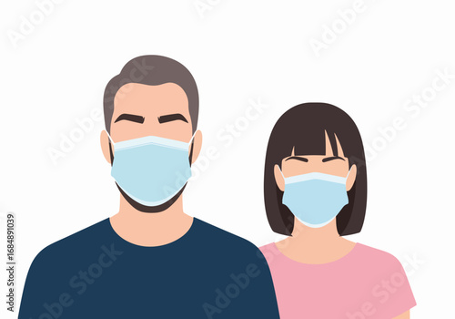 Couple wearing protective face masks during quarantine period. Man and woman in medical masks, practicing social distancing and safety measures.