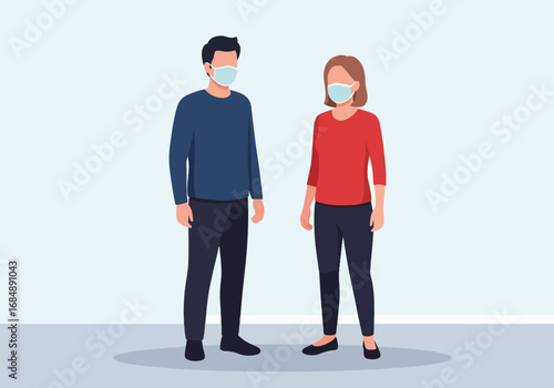Man and woman wearing protective face masks. Couple practicing social distancing during quarantine.  Image illustrates responsible behavior during pandemic.