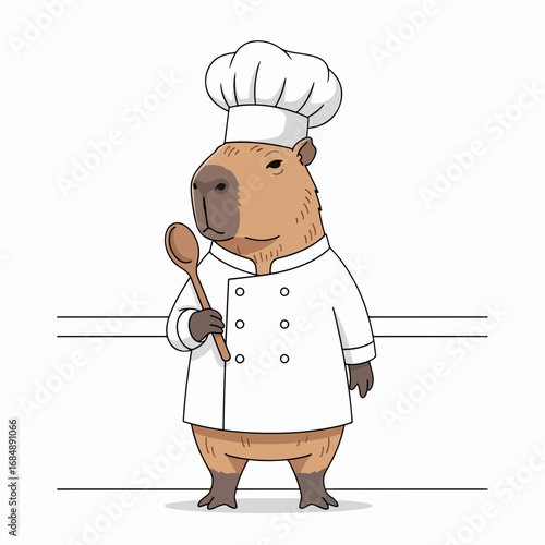 Capybara chef in white uniform holding wooden spoon. Capybara chef is ready to cook delicious meal. Concept capybara chef illustration for restaurant menu or cookbook.