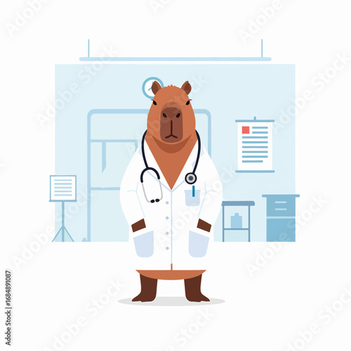 Capybara doctor in white coat standing in hospital.  Friendly capybara veterinarian with stethoscope examines patients.