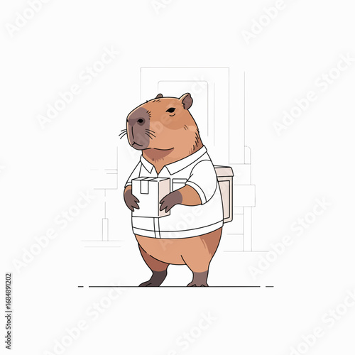 Capybara delivery driver holding package, wearing uniform shirt in minimalistic style. Capybara delivery worker with box is ready to ship goods to customers in town.