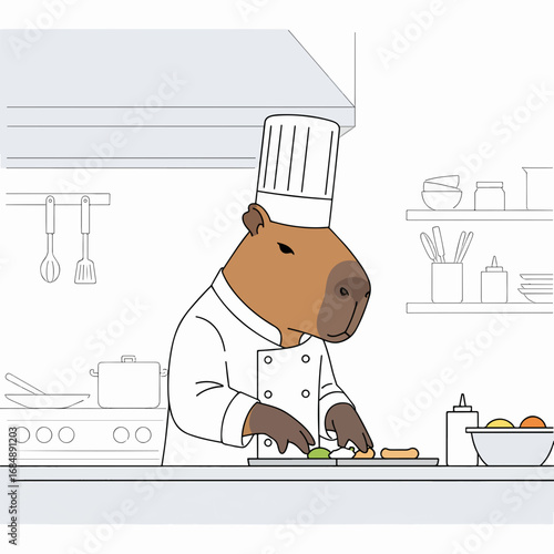 Minimalistic capybara chef preparing food in kitchen setting. Capybara chef depicts cooking action with colorful ingredients on countertop while using kitchen utensils.