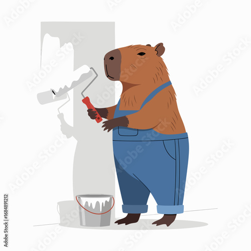 Capybara painting wall with roller and bucket for home renovation project. Capybara in overalls joyfully works on wall, demonstrating creativity and fun.