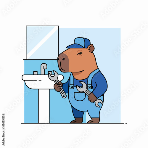 Capybara plumber holding tools near sink in minimalistic bathroom setting. Capybara is dressed in blue overalls and cap, showcasing plumbing equipment for effective repairs.